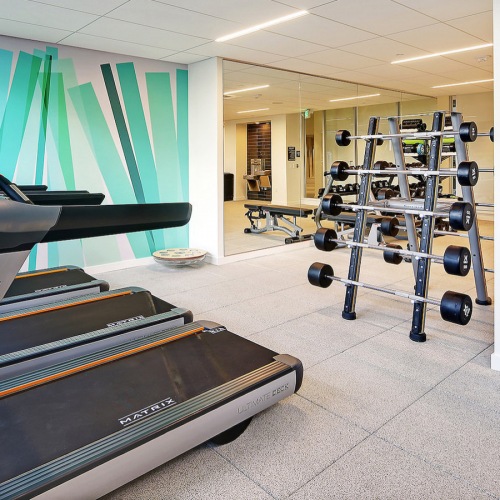 fitness center with treadmills and free weights
